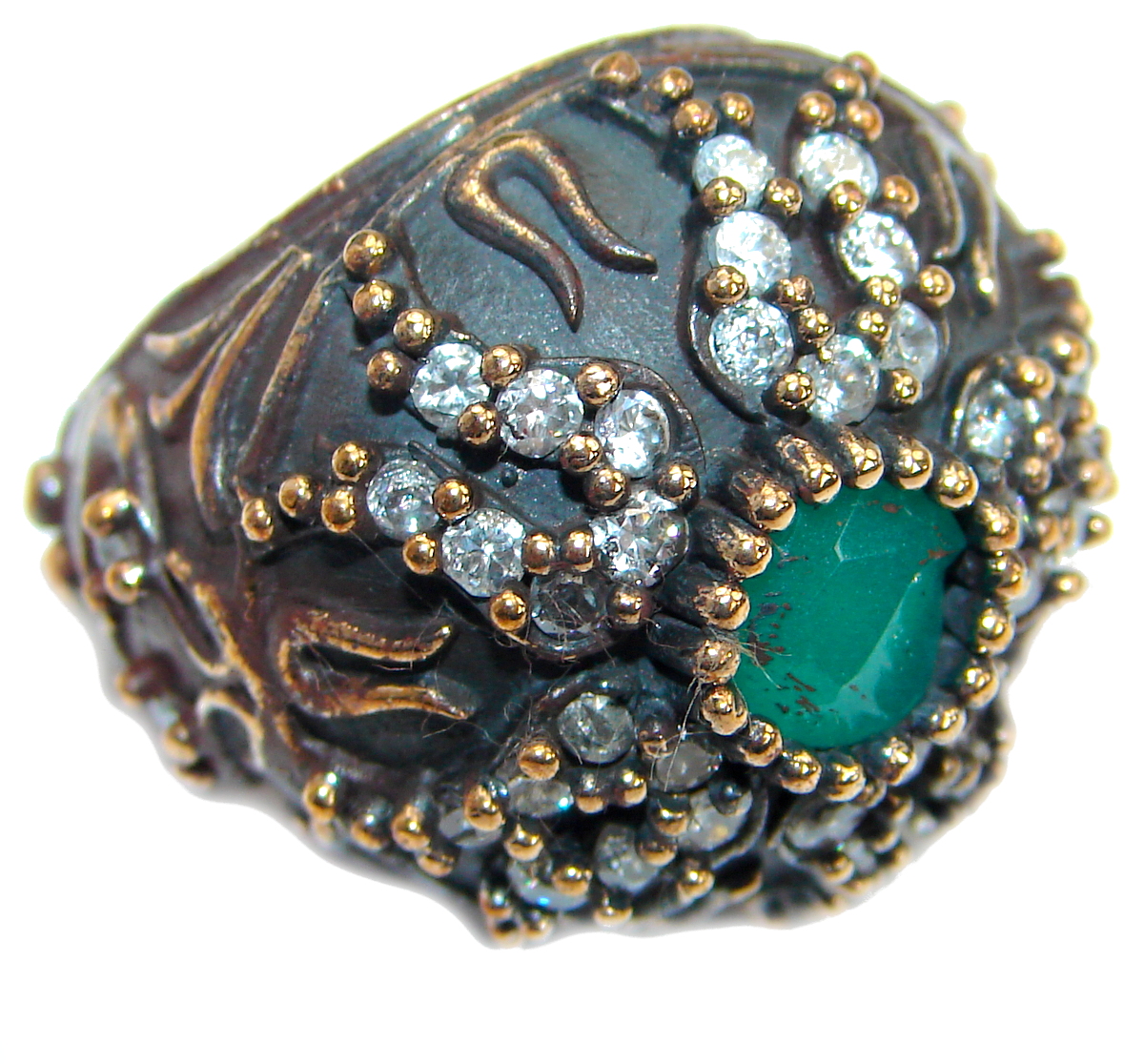 Victorian Style created Emerald & White Topaz Sterling Silver Ring s. 6 1/4