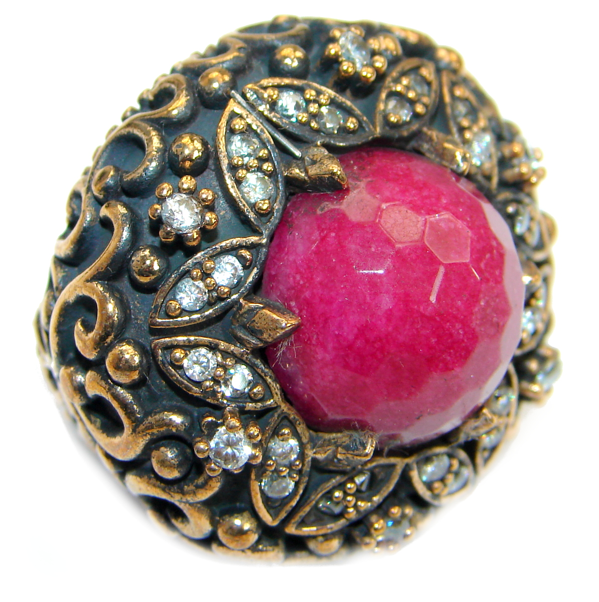 Large Victorian Style created Ruby & White Topaz Sterling Silver ring; s. 8