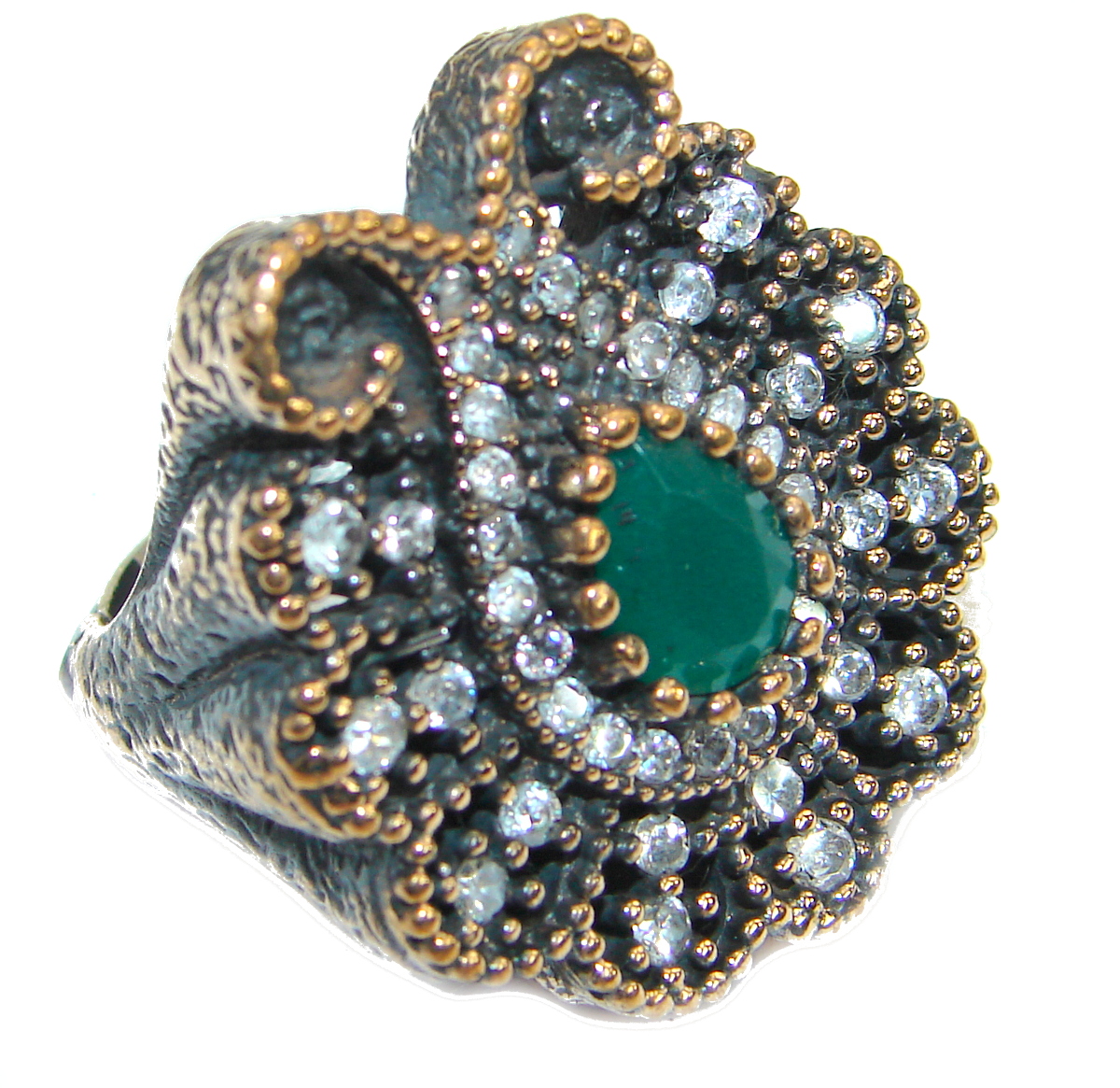 Victorian Style created Emerald & White Topaz Copper over Sterling Silver ring; s. 6 1/4