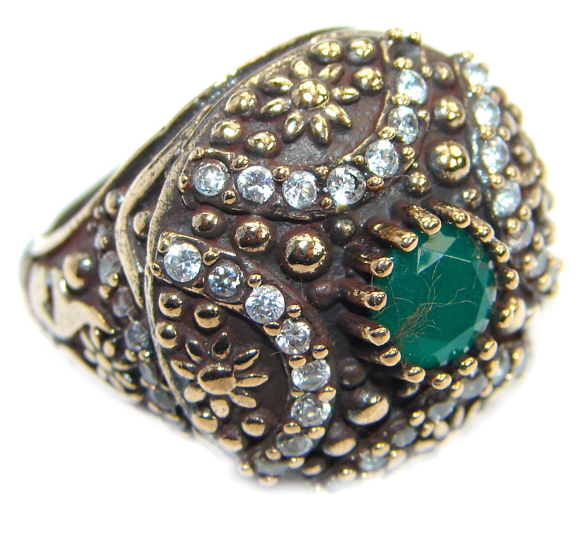 Victorian Style created Emerald & White Topaz Sterling Silver Ring s. 6 1/4