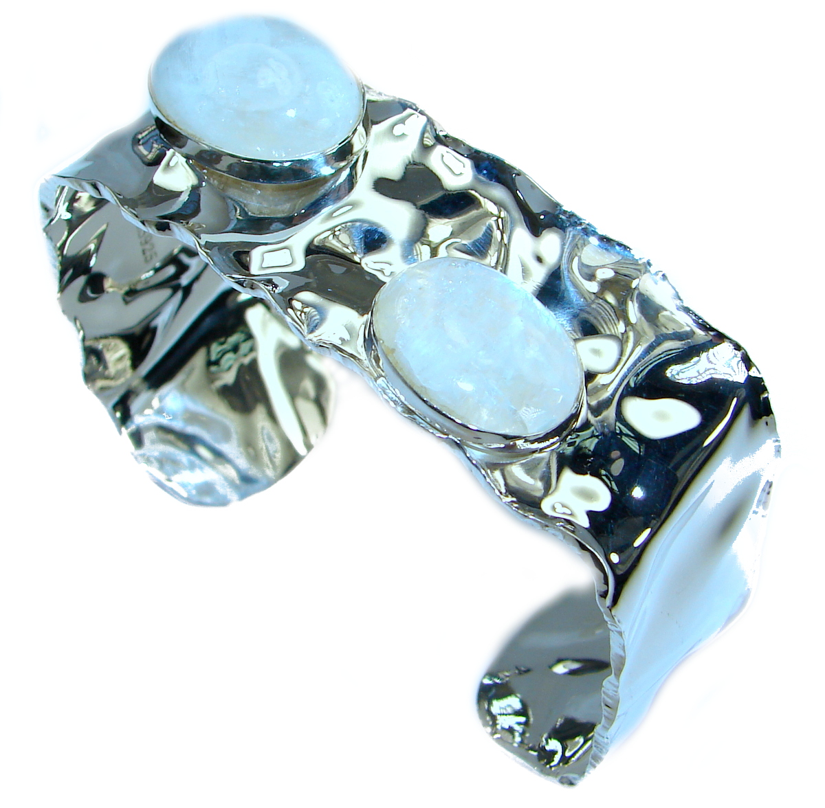 Real Treasure Fire Moonstone hammered .925 Sterling Silver Bracelet / Cuff