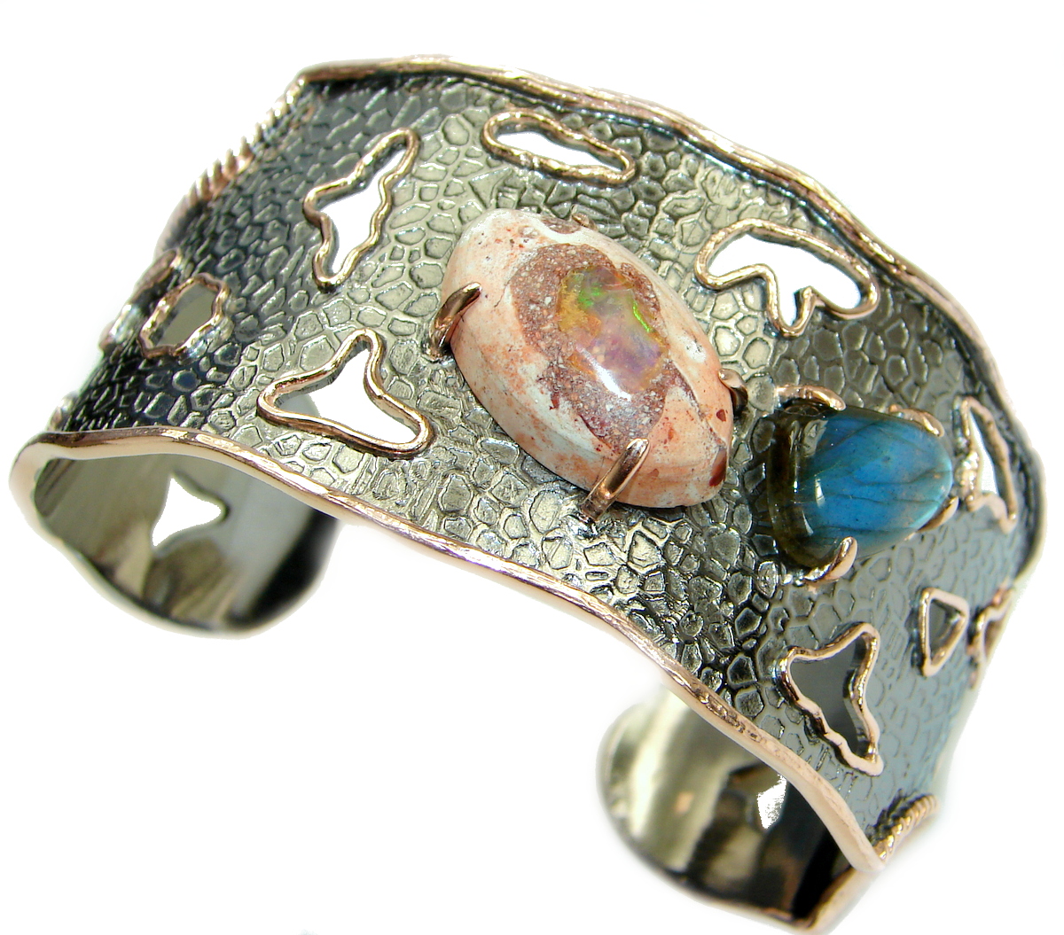 Real Treasure Mexican Opal 14K Gold Rhodium over .925 Sterling Silver handcrafted Bracelet / Cuff