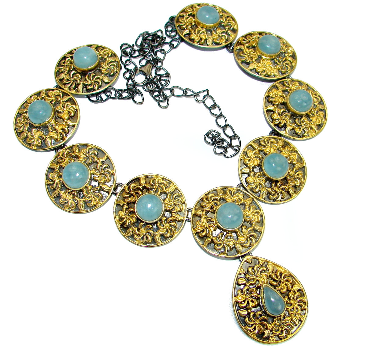 Byzantine Style Aquamarine 14K Gold over .925 Sterling Silver handcrafted necklace
