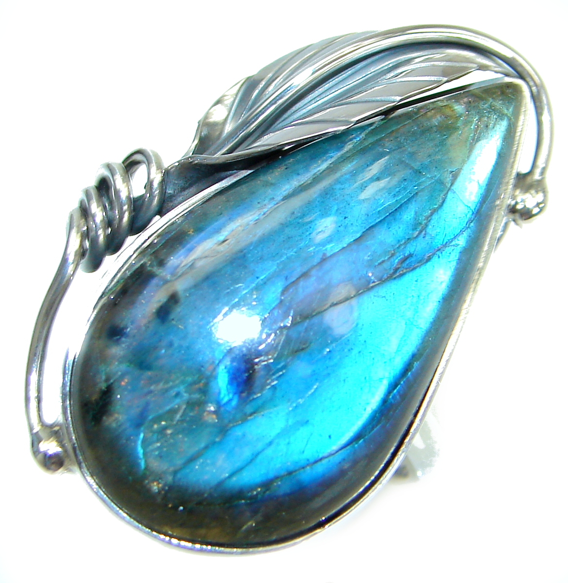 Blue Fire Labradorite .925 Sterling Silver handmade ring size 7 adjustable