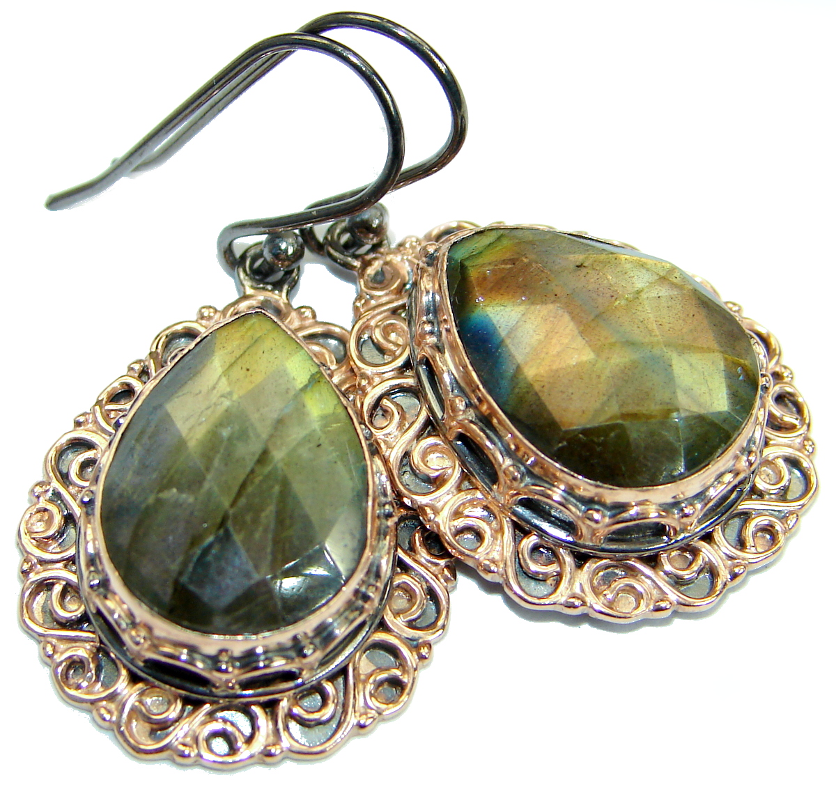 Genuine Labradorite Rose Gold over .925 Sterling Silver handmade earrings