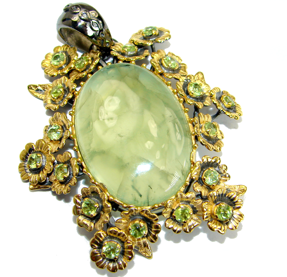 Vintage Design Prehnite 14K Gold Rhodium over .925 Sterling Silver handmade pendant