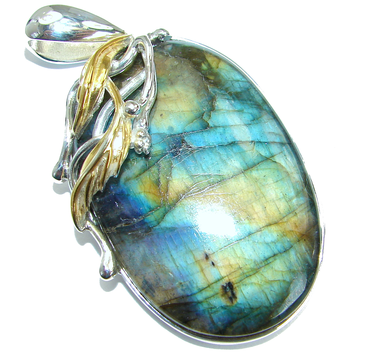 Bold genuine Fire Labradorite 18K Gold over .925 Sterling Silver handmade Pendant