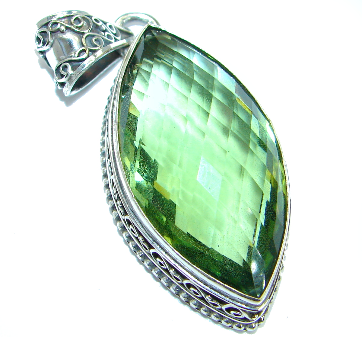 Large Vintage Style Emerald color Quartz .925 Sterling Silver Pendant
