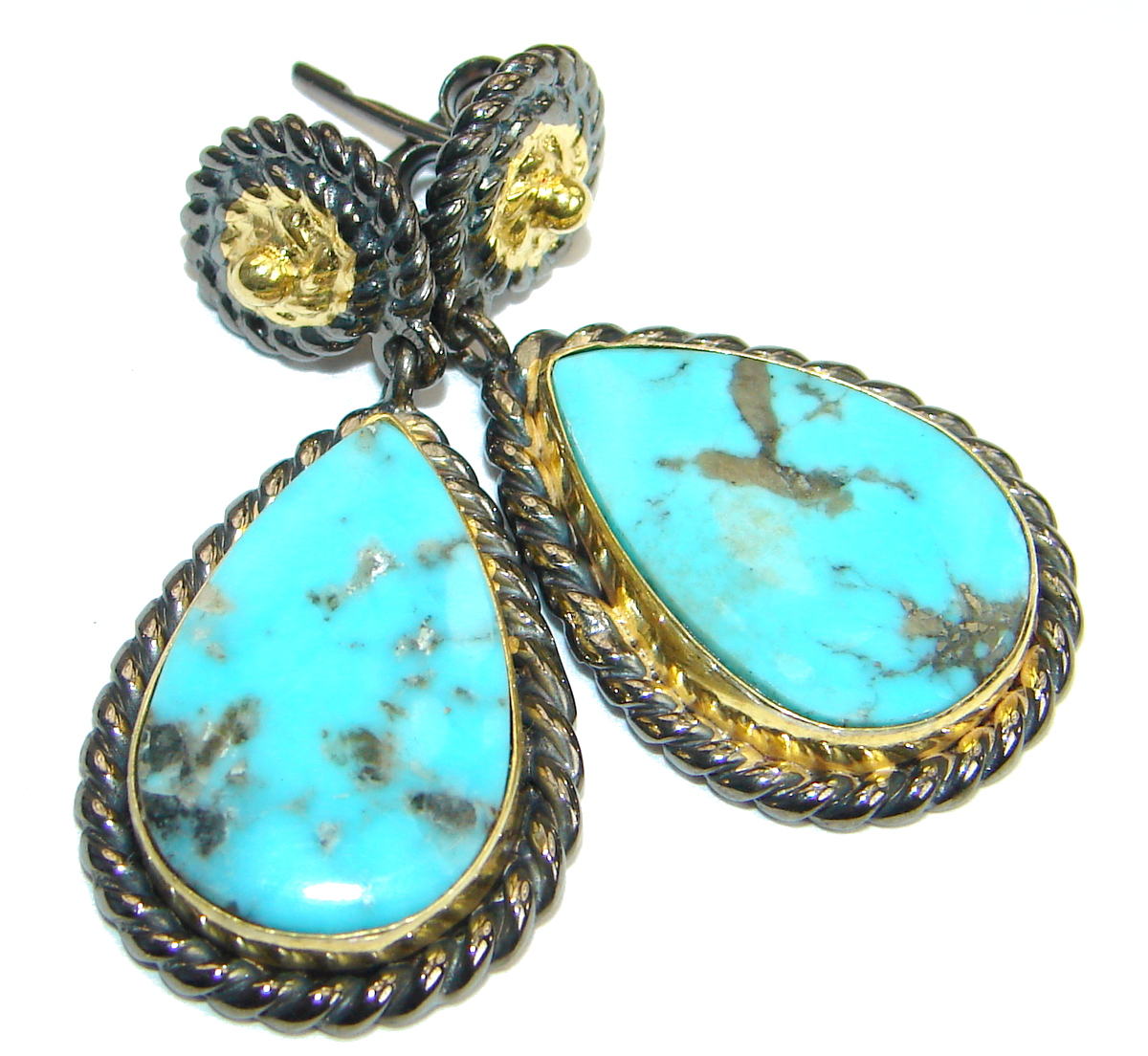 Genuine Sleeping Beauty Turquoise Gold Rhodium over .925 Sterling Silver handmade earrings