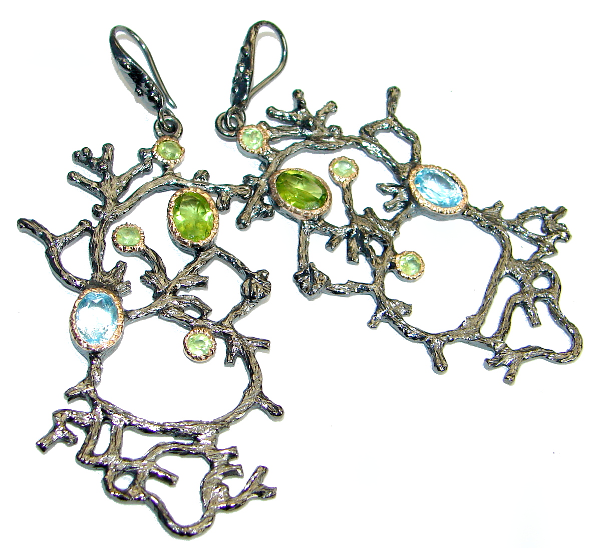 Long Nature Inspired Authentic Topaz Peridot Gold over .925 Sterling Silver handmade earrings