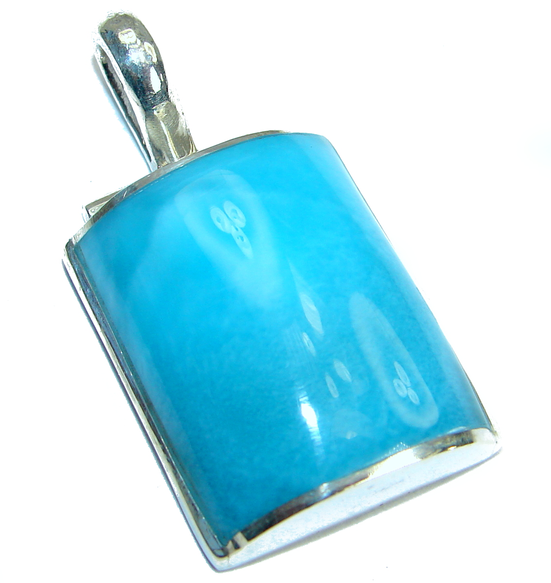 Handmade Artisan Sterling Silver 925 Pendant with unique one of a kind Larimar,  18.90 grams of marvelous handcrafted jewelry design. Only one piece availble ready to ship! It's unique worldwide pendant - simply piece of art in world of fine jewelry. Amazing Quality Larimar  .925 Sterling Silver handmade pendant  PENDANT DETAILS: Weight: 18.90g; Material: Sterling Silver; Main stone: Larimar; Other stones: ; Dimension: L - 1 5/8, W - 5/8, T - 3/8 inch; Inner Bail Diameter: 1/4 inch; Stamp / Mark: 925; Condition: New; Main color: blue; Shape: rectangle; Collection: Bali;  Item Code: 8-maj-18-19