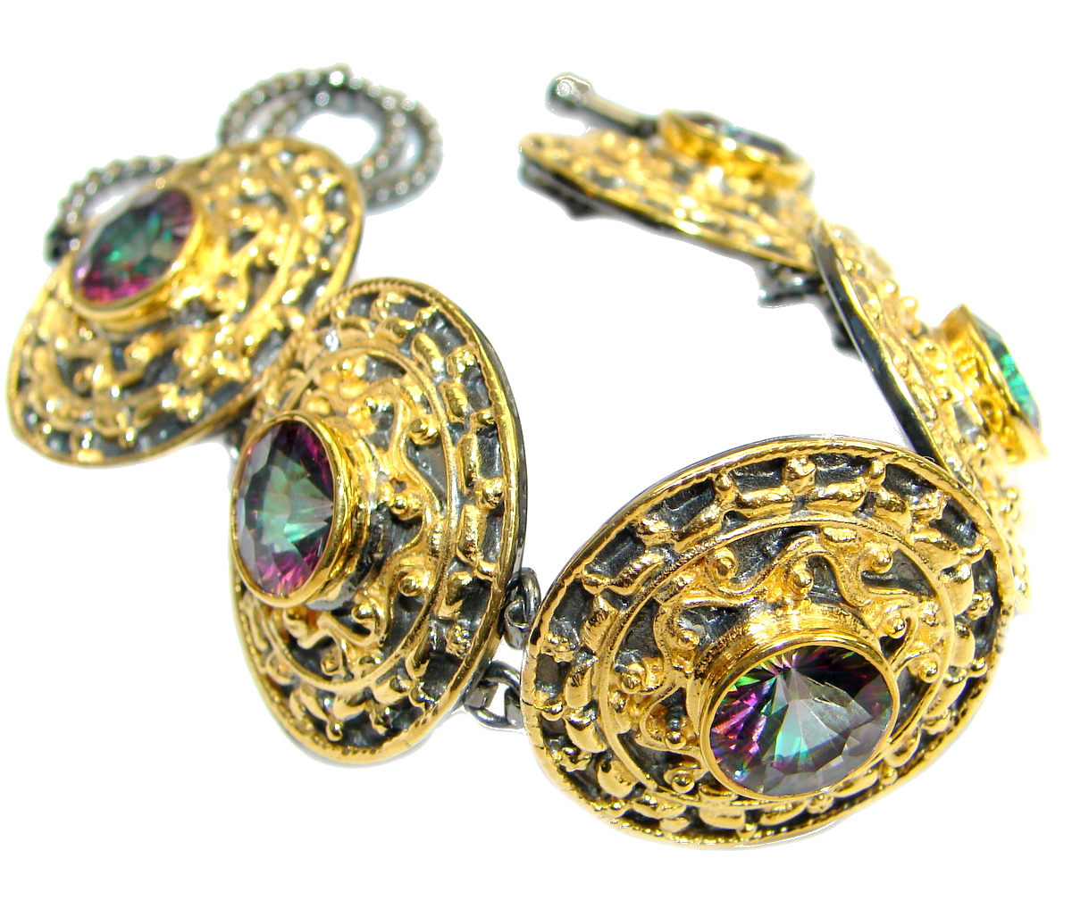 Huge Baroque Style Magic Topaz 14K Gold over .925 Sterling Silver handcrafted Bracelet / Cuff