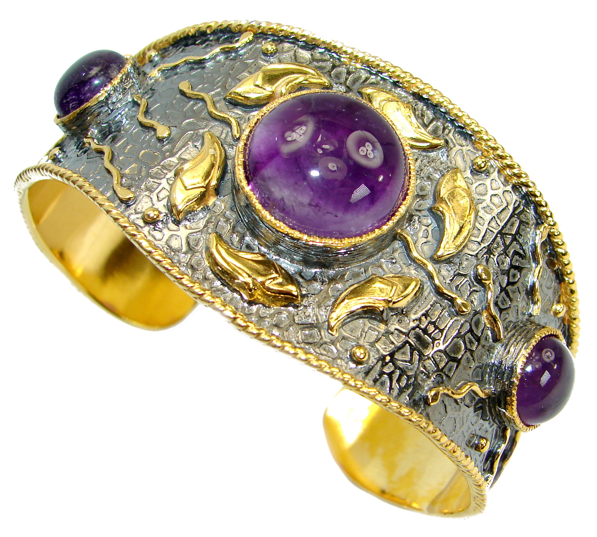 Genuine Amethyst 18K Gold Rhodium over .925 Sterling Silver handcrafted Bracelet / Cuff