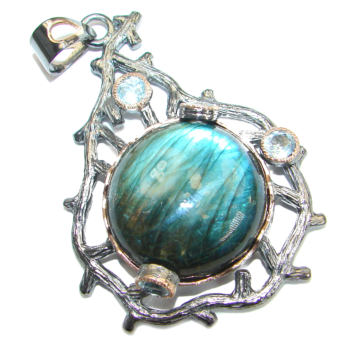 Bold genuine Fire Labradorite 18K Gold over .925 Sterling Silver handmade Pendant