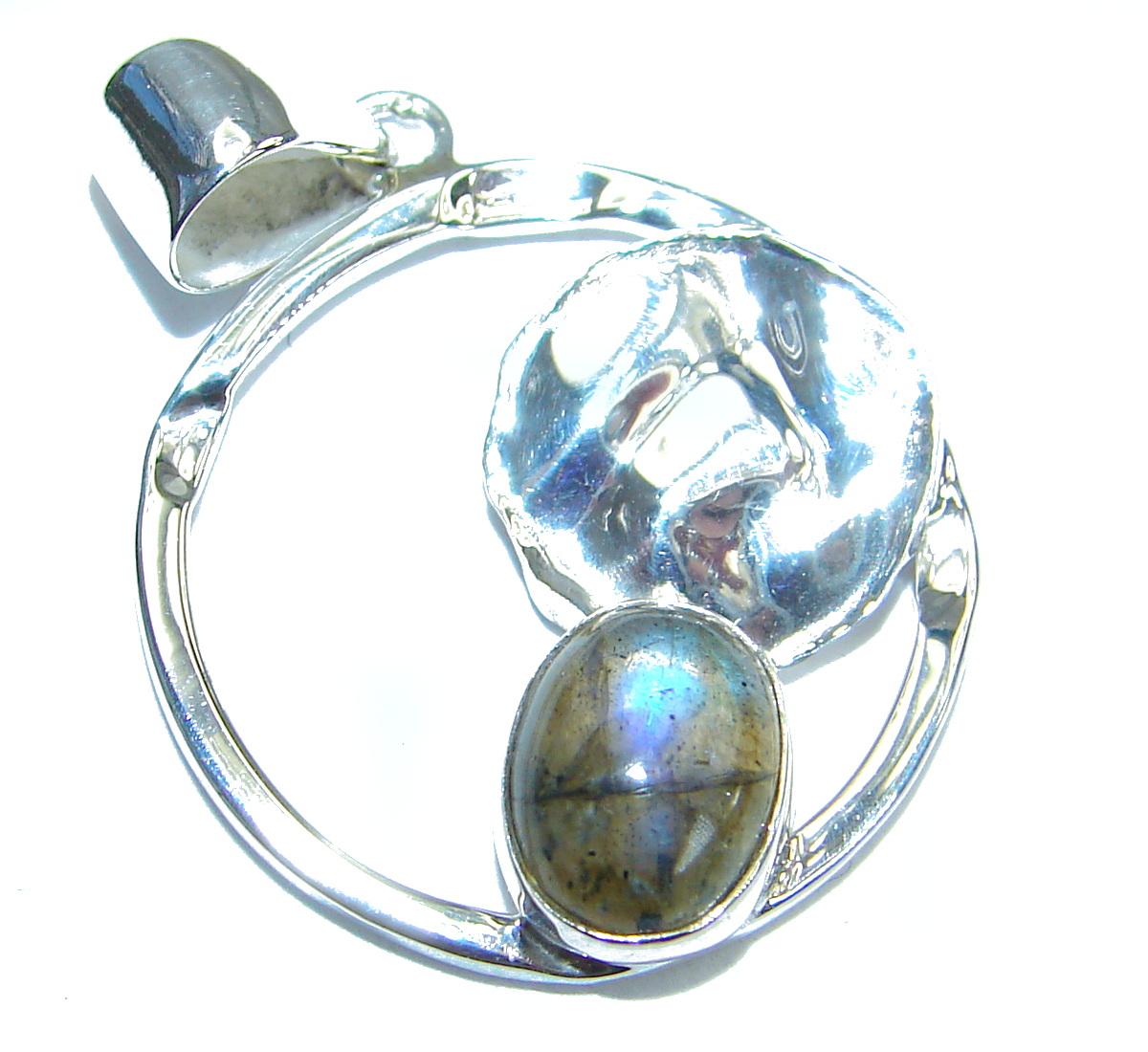 Moderen Design Labradorite Hammered .925 Sterling Silver Pendant