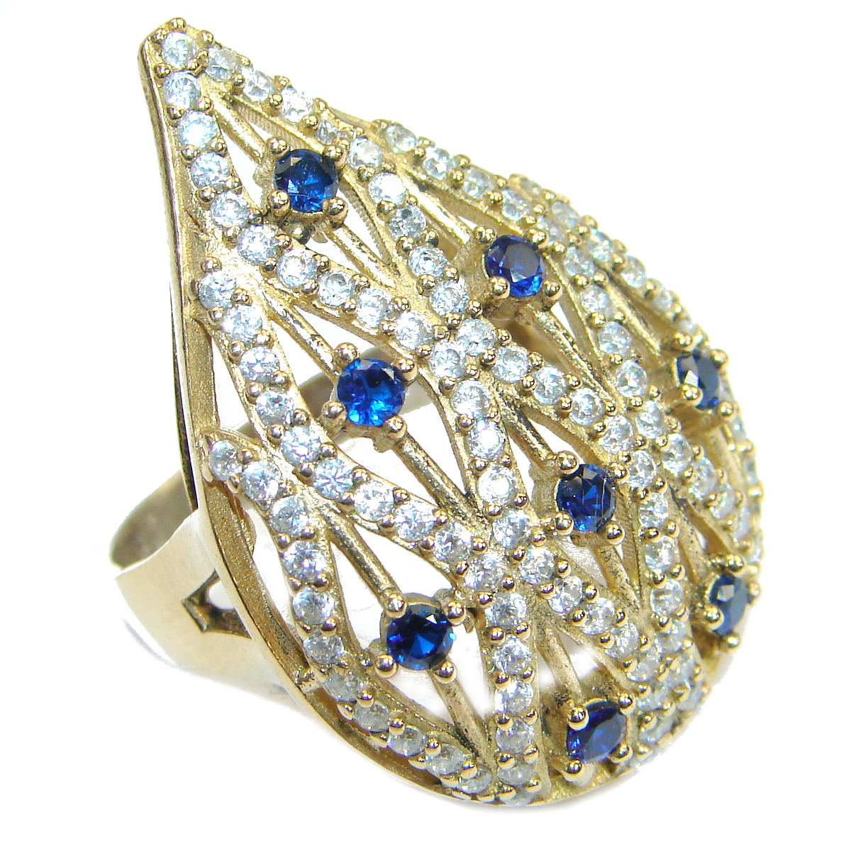 Created Blue Sapphire & White topaz Sterling Silver Ring s. 8