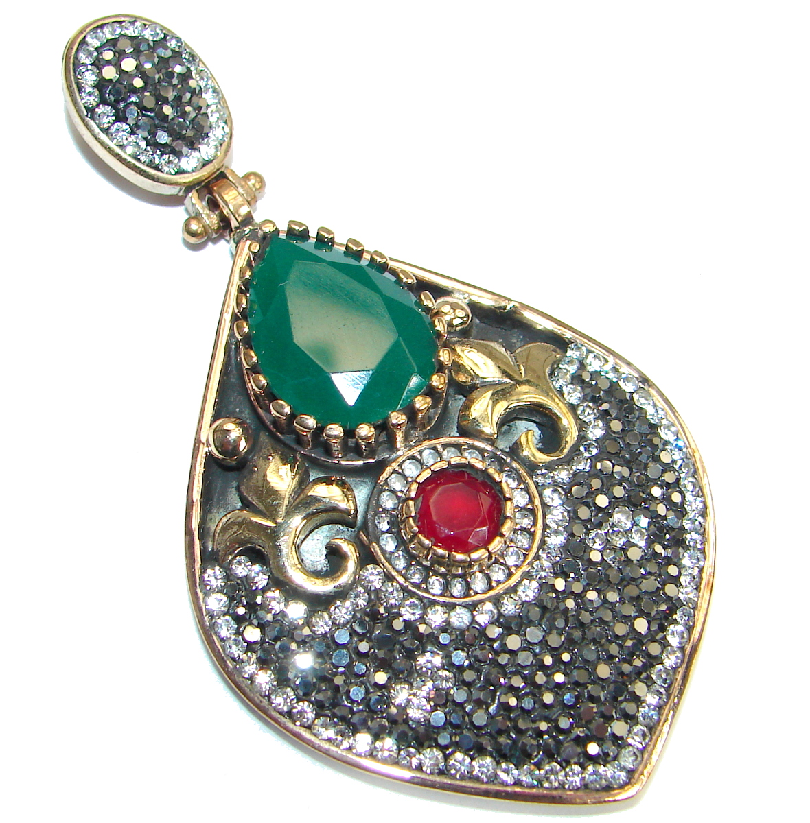 Large Vintage Style Emerald color Quartz .925 Sterling Silver Pendant