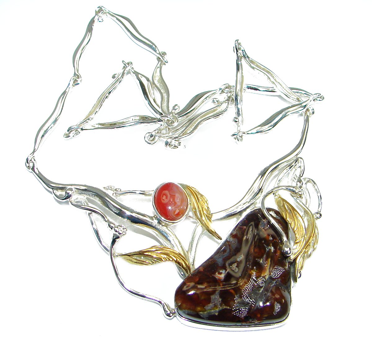 Fine Art Natural Fire Agate two tones .925 Sterling Silver handmade necklace
