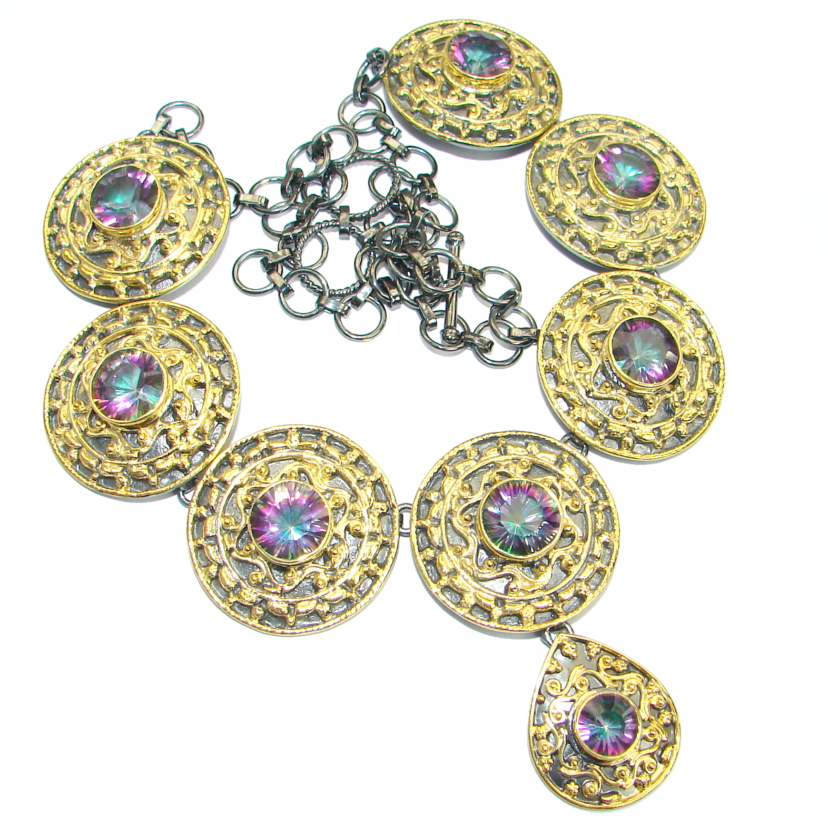 Byzantine Style Magic Topaz 14K Gold Rhodium over .925 Sterling Silver handmade necklace