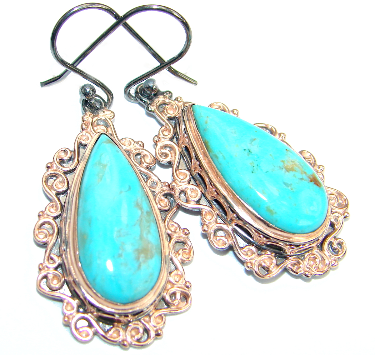 Genuine Beauty Turquoise Gold over .925 Sterling Silver handmade earrings