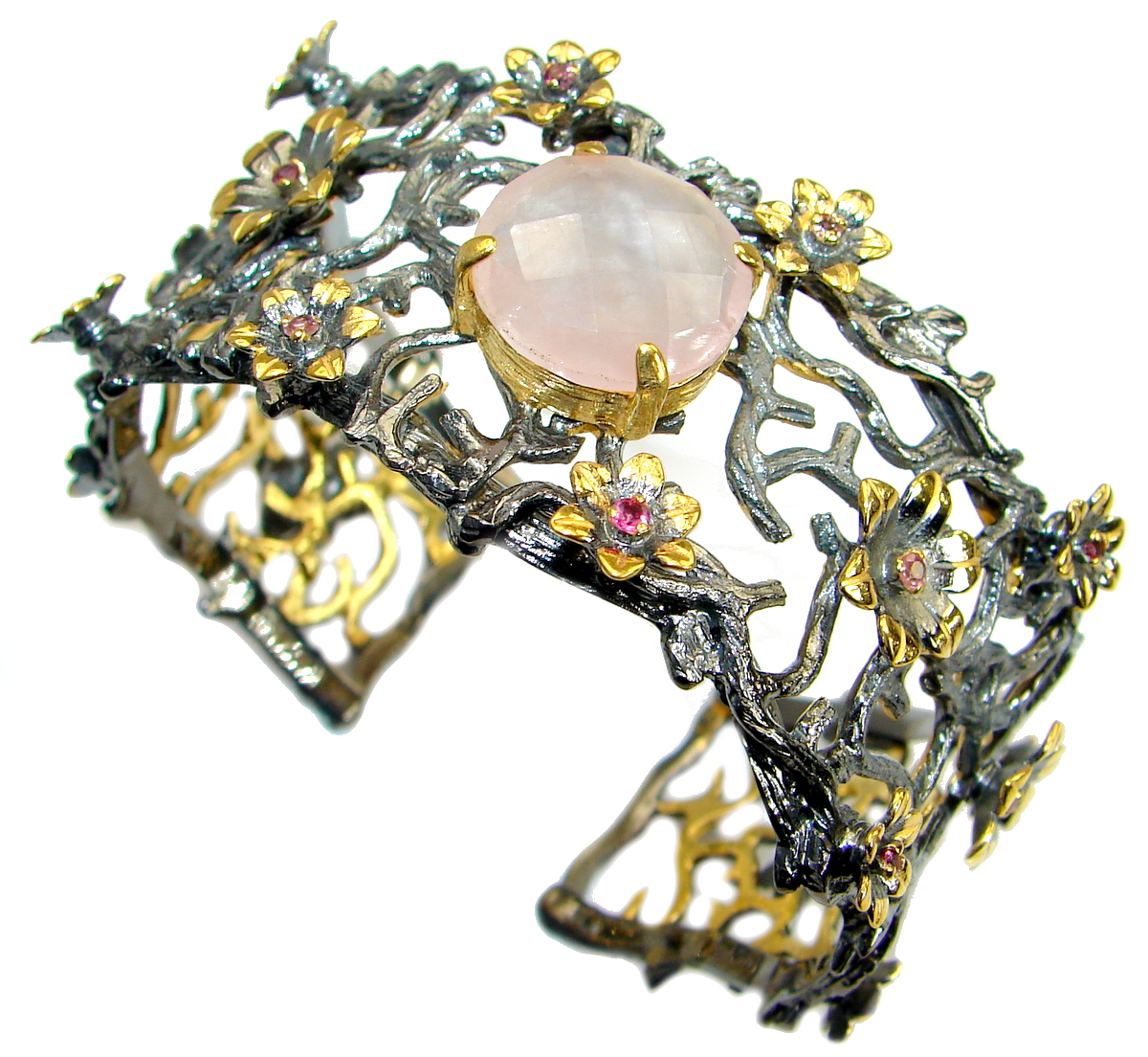 Outstanding Rose Quartz 14 K Gold Rhodium .925 Sterling Silver handcrafted Bracelet / Cuff