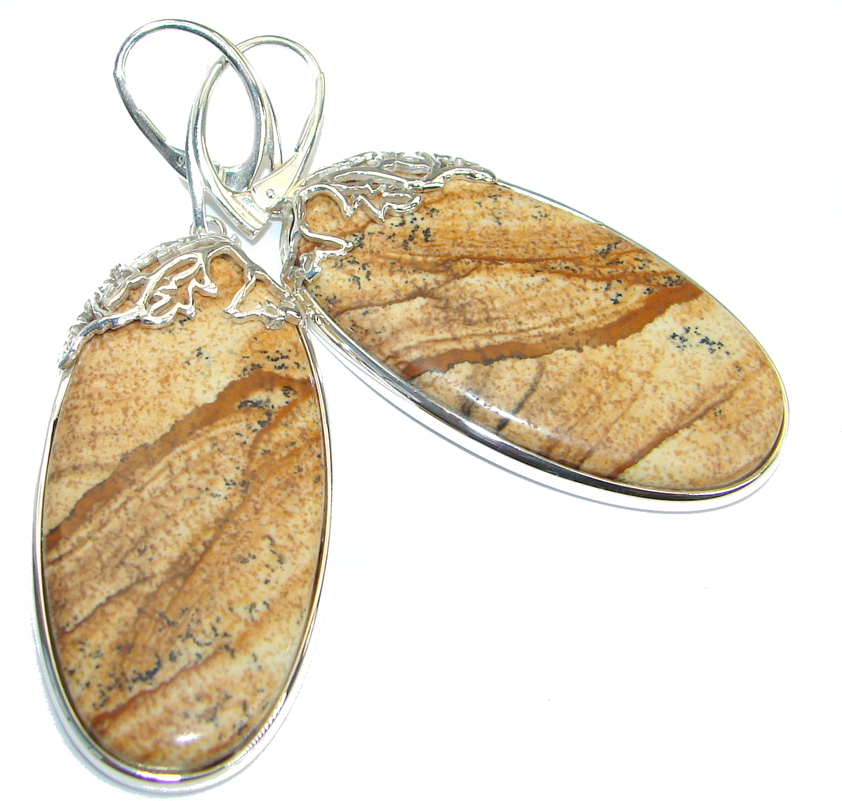 Huge Bohemian Style Picture Jasper .925 Sterling Silver earrings