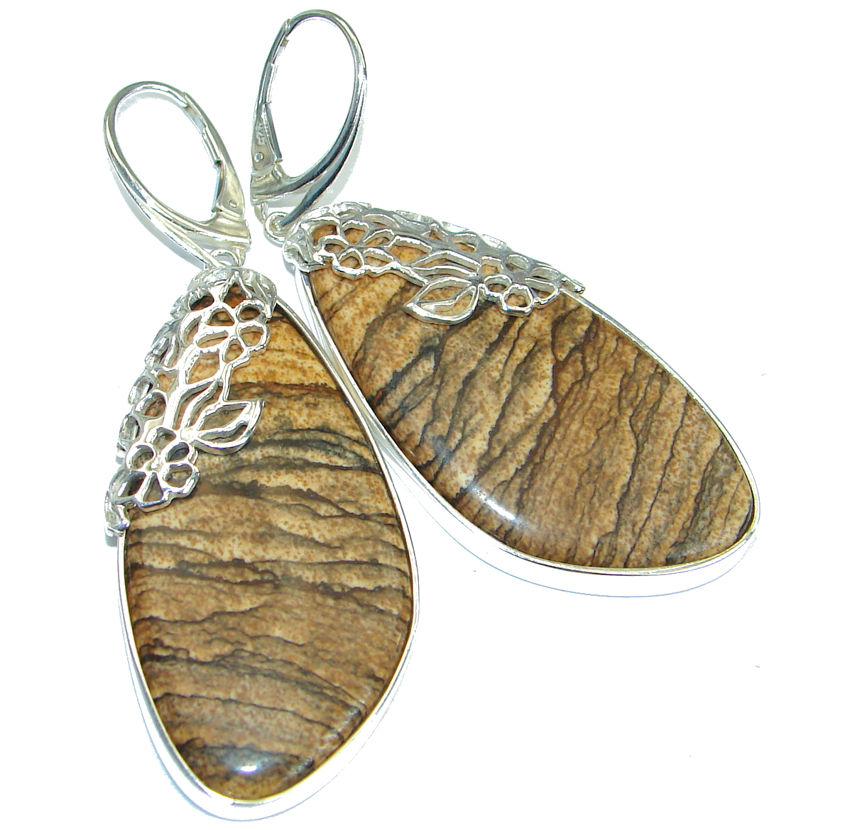 Huge Bohemian Style Picture Jasper .925 Sterling Silver handcrafted earrings