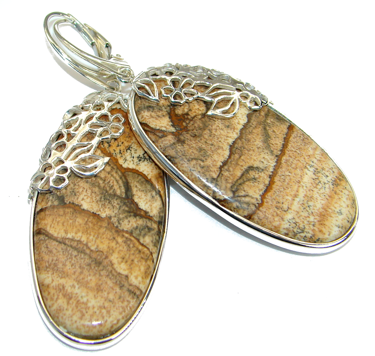 Huge Bohemian Style Picture Jasper .925 Sterling Silver handcrafted earrings