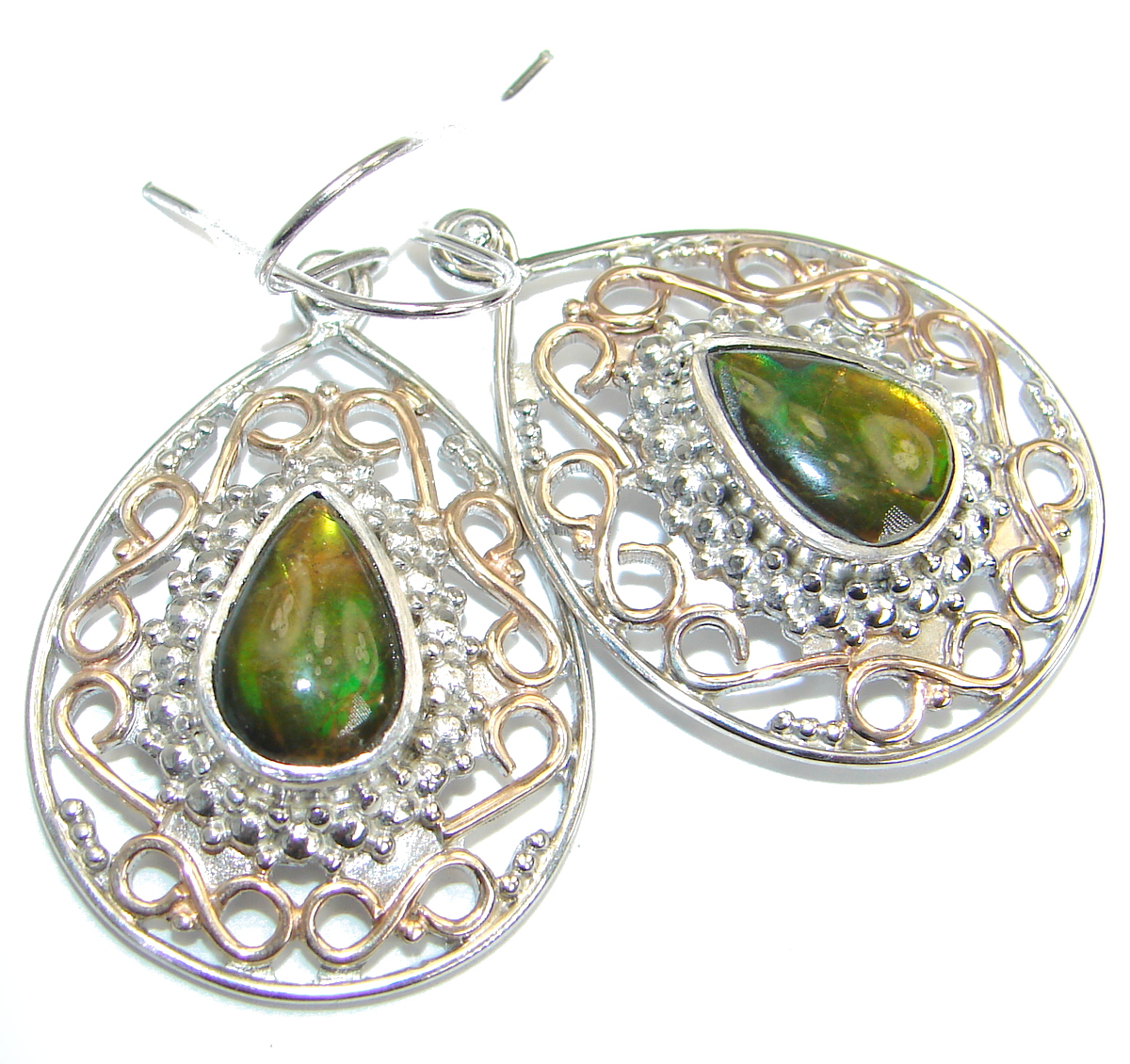 Red Aura AAA+Canadian Fire Ammolite Two Tones Sterling Silver handmade earrings