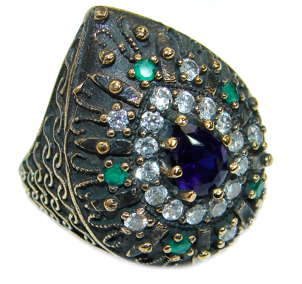 Large Victorian Style created Sapphire & White Topaz Sterling Silver ring; s. 6 3/4