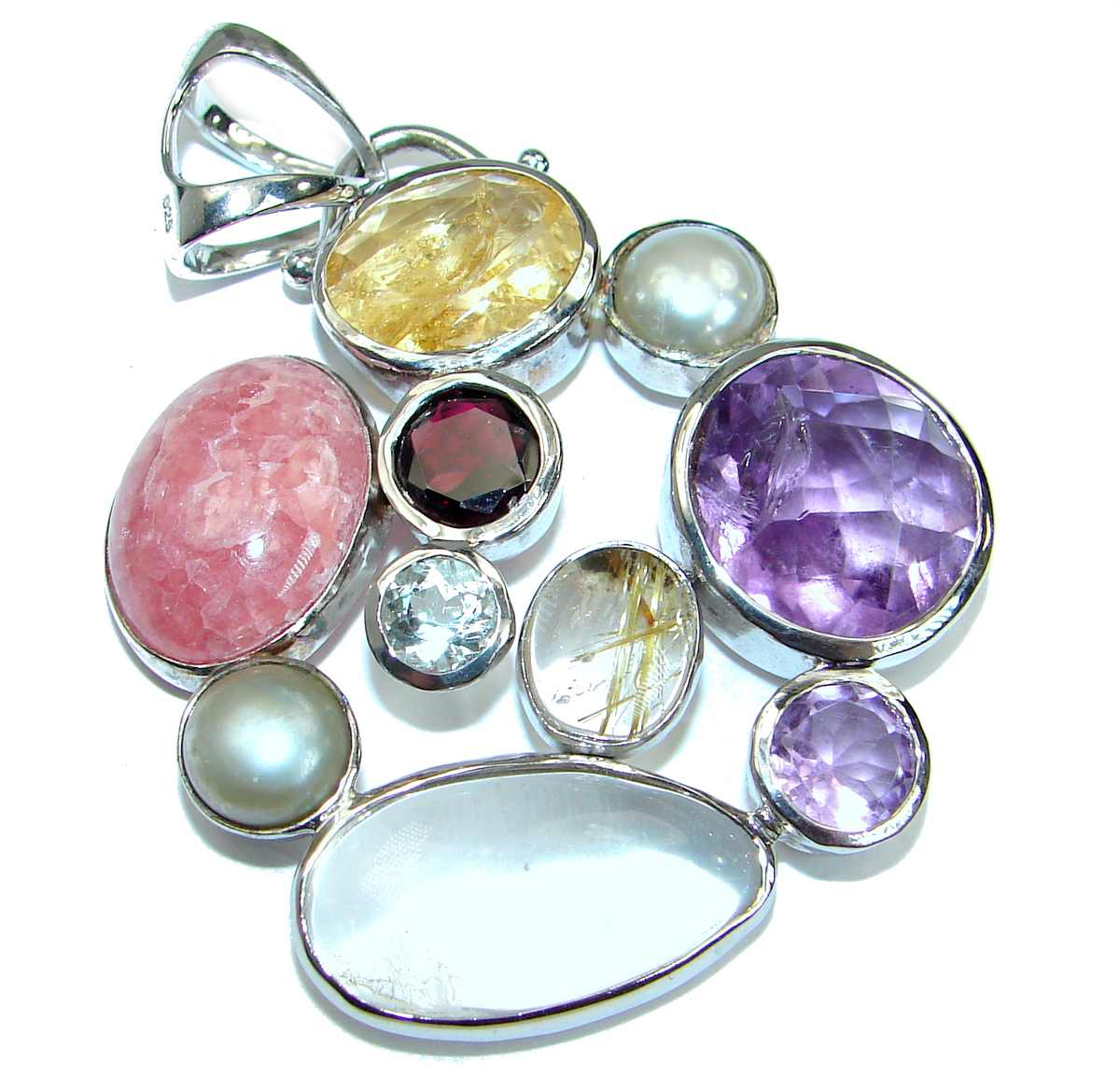 Huge Genuine Multigem .925 Sterling Silver handcrafted Pendant