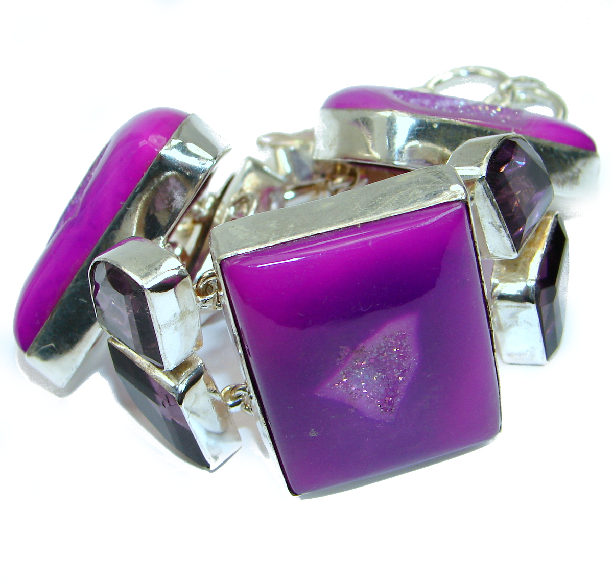 Large Aura Of Beauty Pink Agate Druzy .925 Sterling Silver handcrafted Bracelet