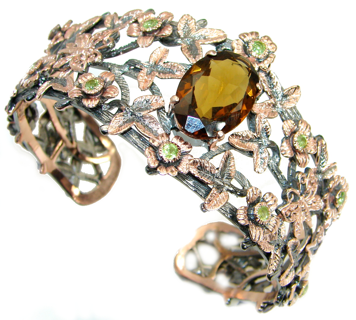 Enchanted Forest 35ct Smoky Topaz 14K Gold over .925 Sterling Silver Bracelet / Cuff