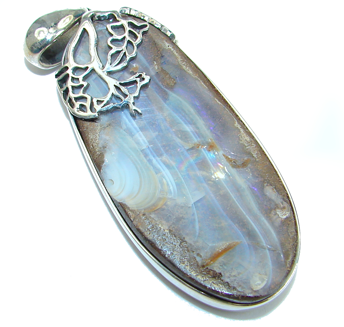 Huge Authentic Australian Boulder Opal .925 Sterling Silver handmade Pendant