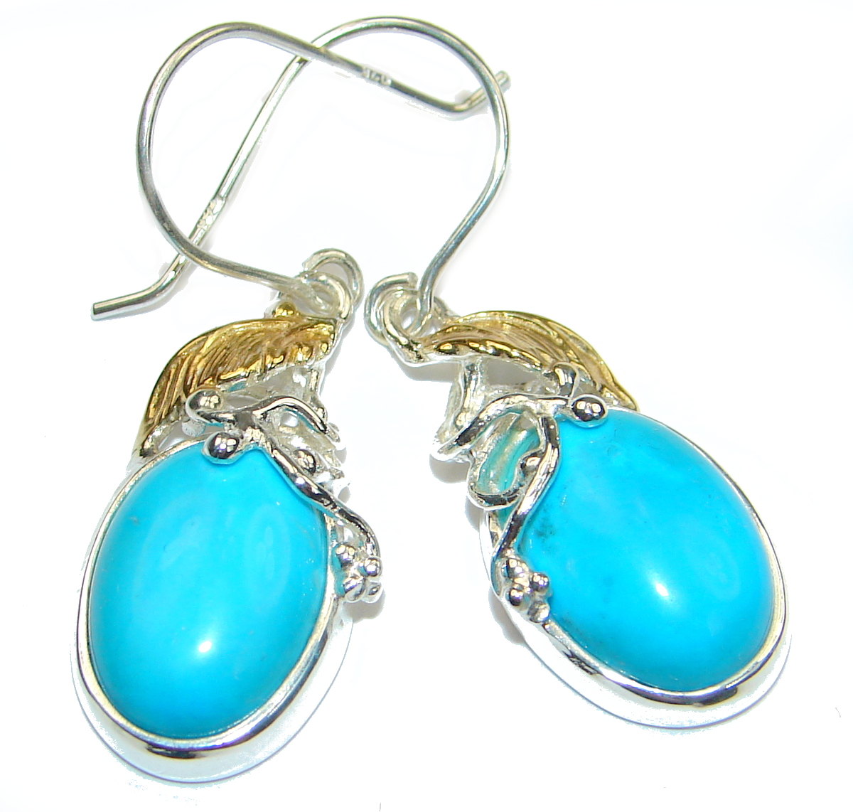Precious genuine Turquoise two tones .925 Sterling Silver handmade earrings