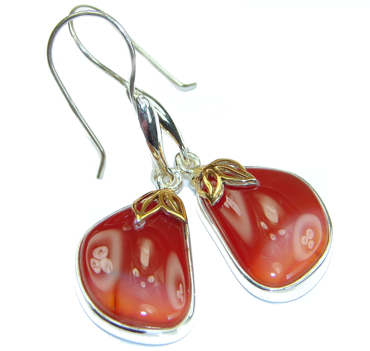 Sublime Orange Carnelian two tones .925 Sterling Silver handmade earrings
