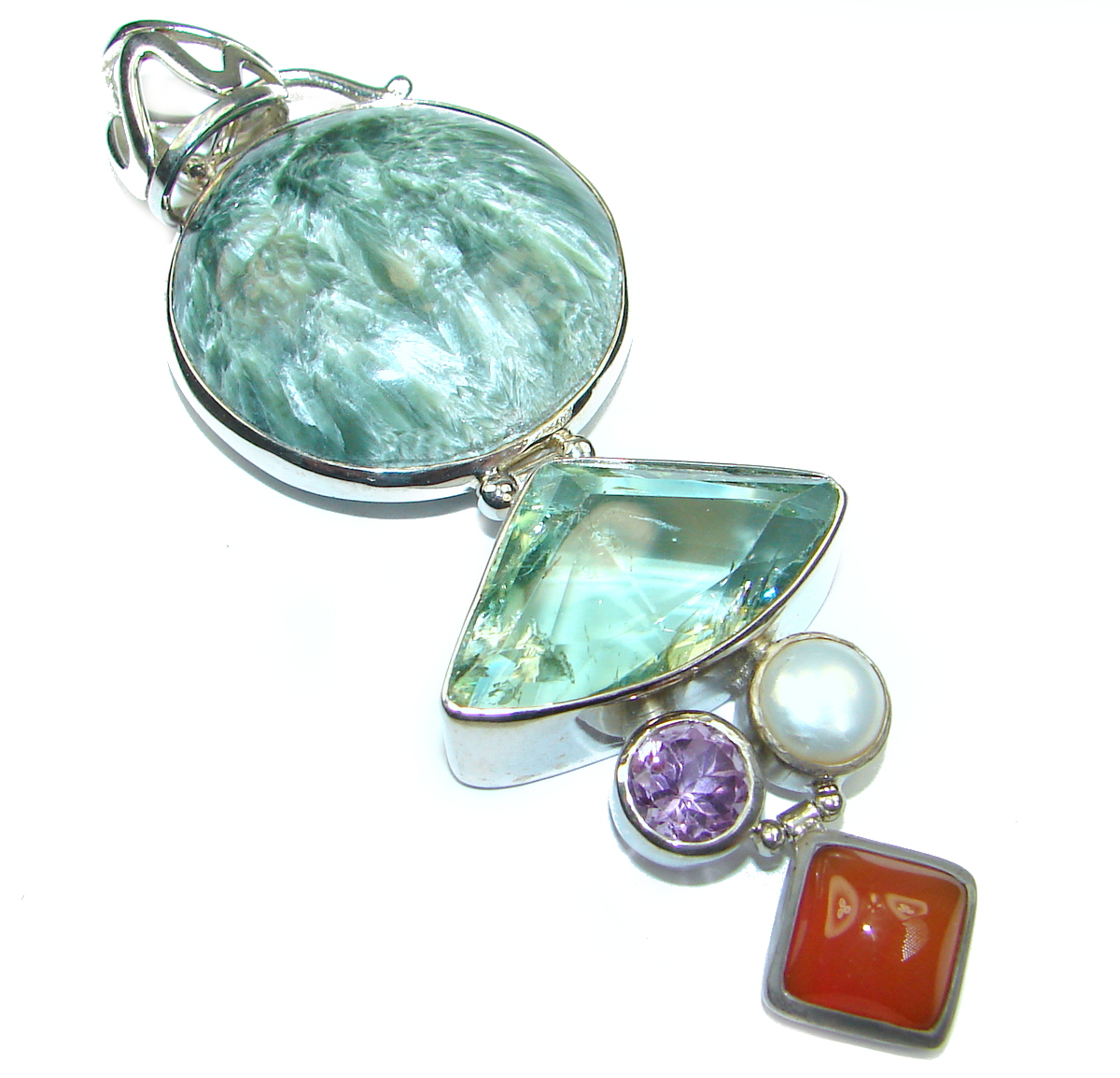 Precious quality Green Seraphinite .925 Sterling Silver handmade Pendant