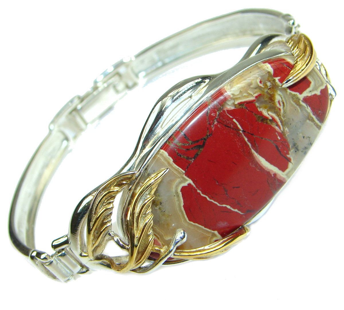 Nature Inspired Design genuine Red Jasper two tones .925 Sterling Silver handcrafted Bracelet