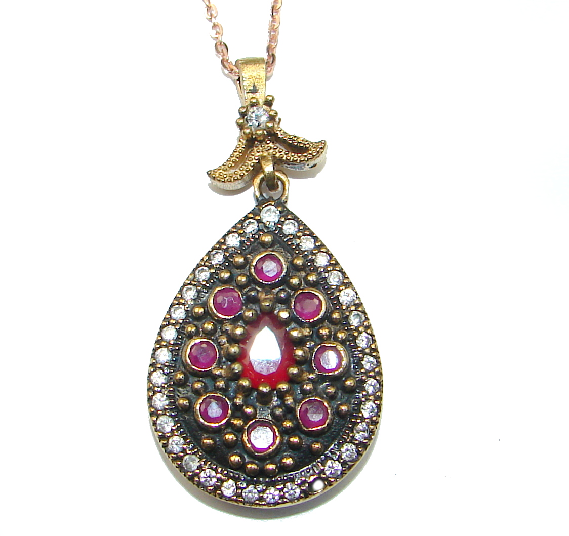 Victorian created Ruby Emerald & White Topaz .925 Sterling Silver 20 inches long necklace