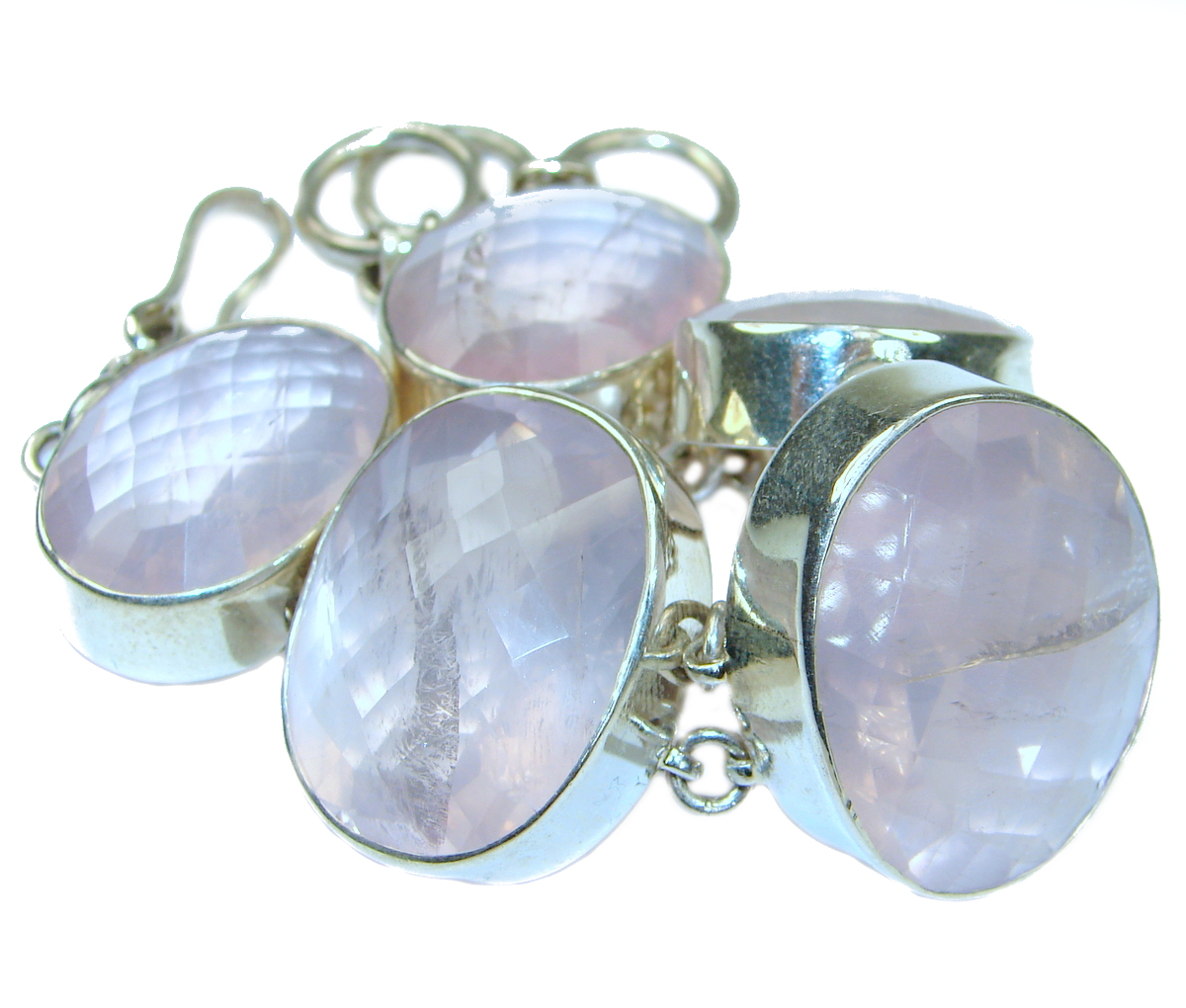 Incredible Genuine Rose Quartz .925 Sterling Silver Bracelet / Cuff