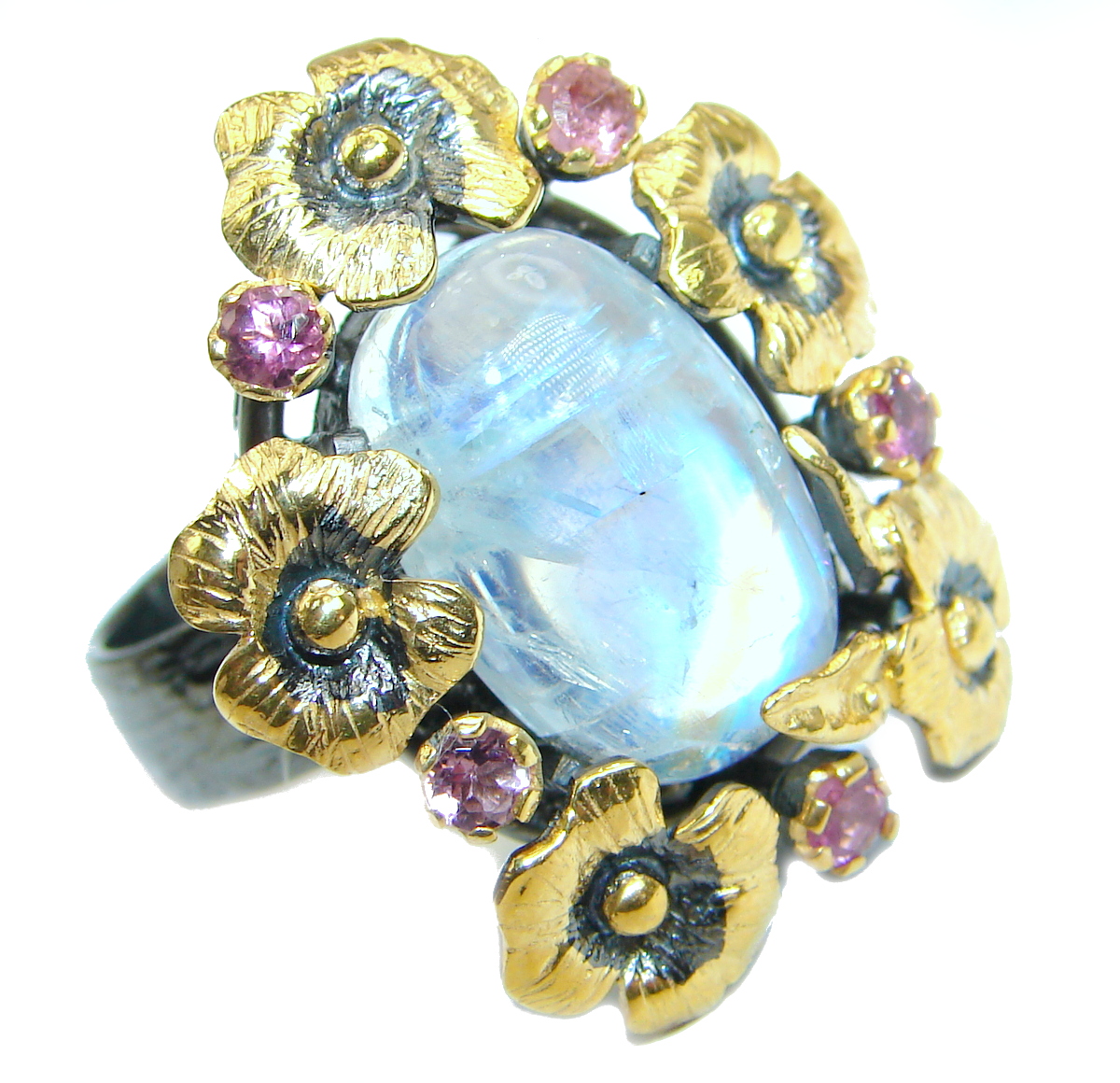 Fire Moonstone Gold Rhodium over .925 Sterling Silver handcrafted ring size 8 adjustable