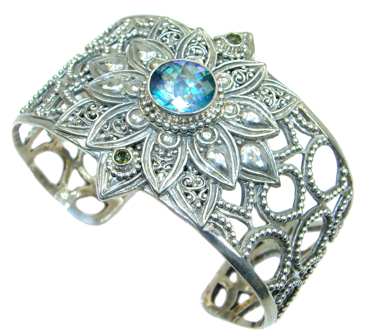 Huge Luxury Aqua Magic Topaz .925 Sterling Silver handmade Cuff/Bracelet