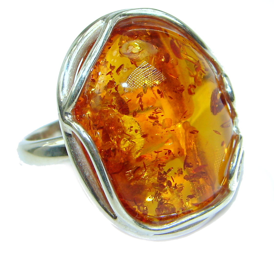 Huge Genuine Baltic Polish Amber .925 Sterling Silver handmade Ring size 7 adjustable