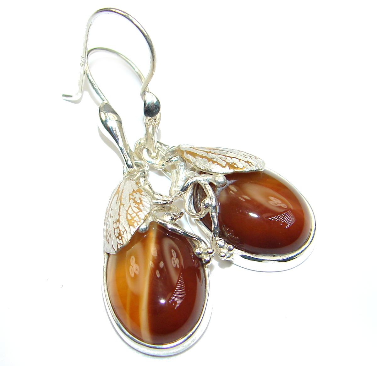 Unique Rustic design genuine Mexican Agate .925 Sterling Silver handmade earrings