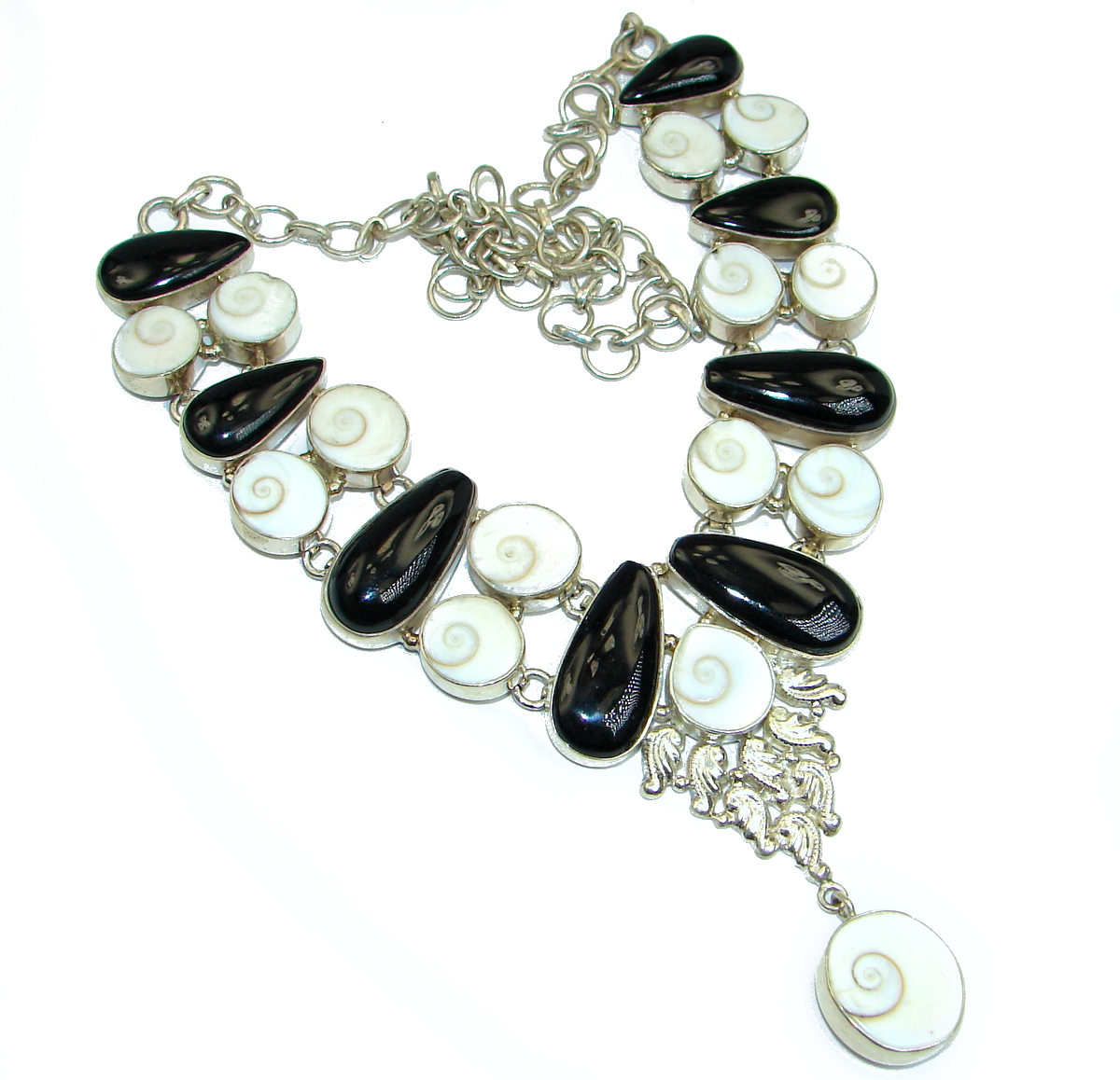 Spectacular Genuine Onyx Shiva Shell .925 Sterling Silver handmade Necklace