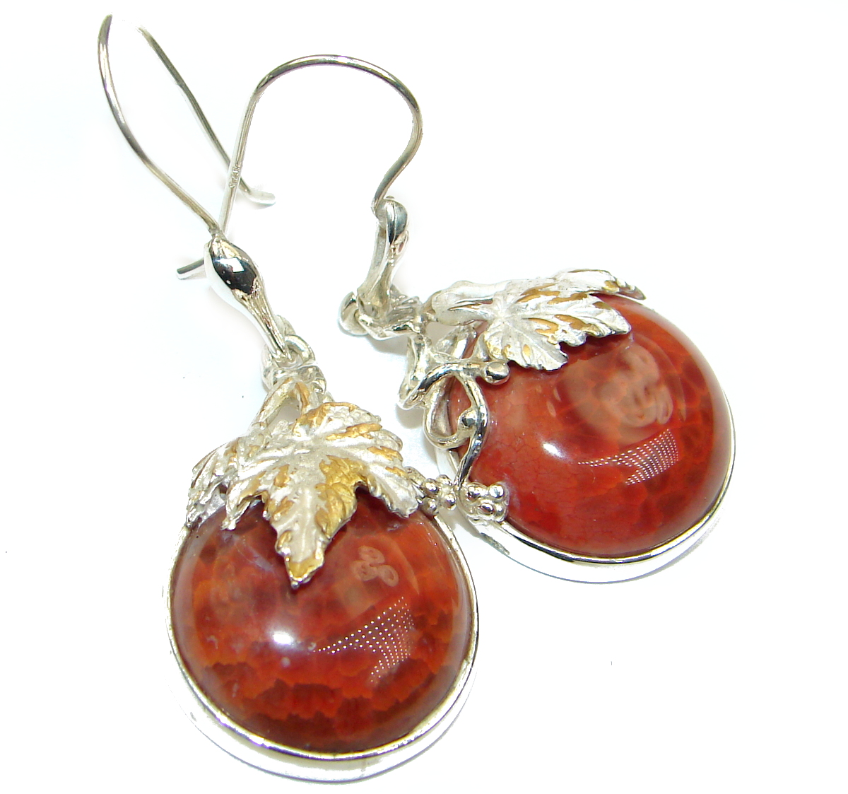Unique design genuine Mexican Agate .925 Sterling Silver handmade earrings