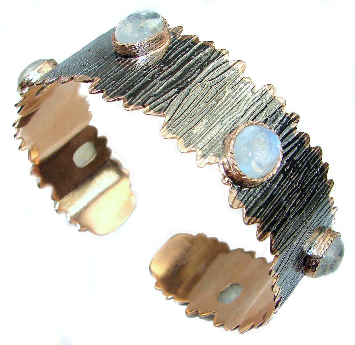 Real Treasure Fire Moonstone Rose Gold Rhodium over .925 Sterling Silver Bracelet / Cuff