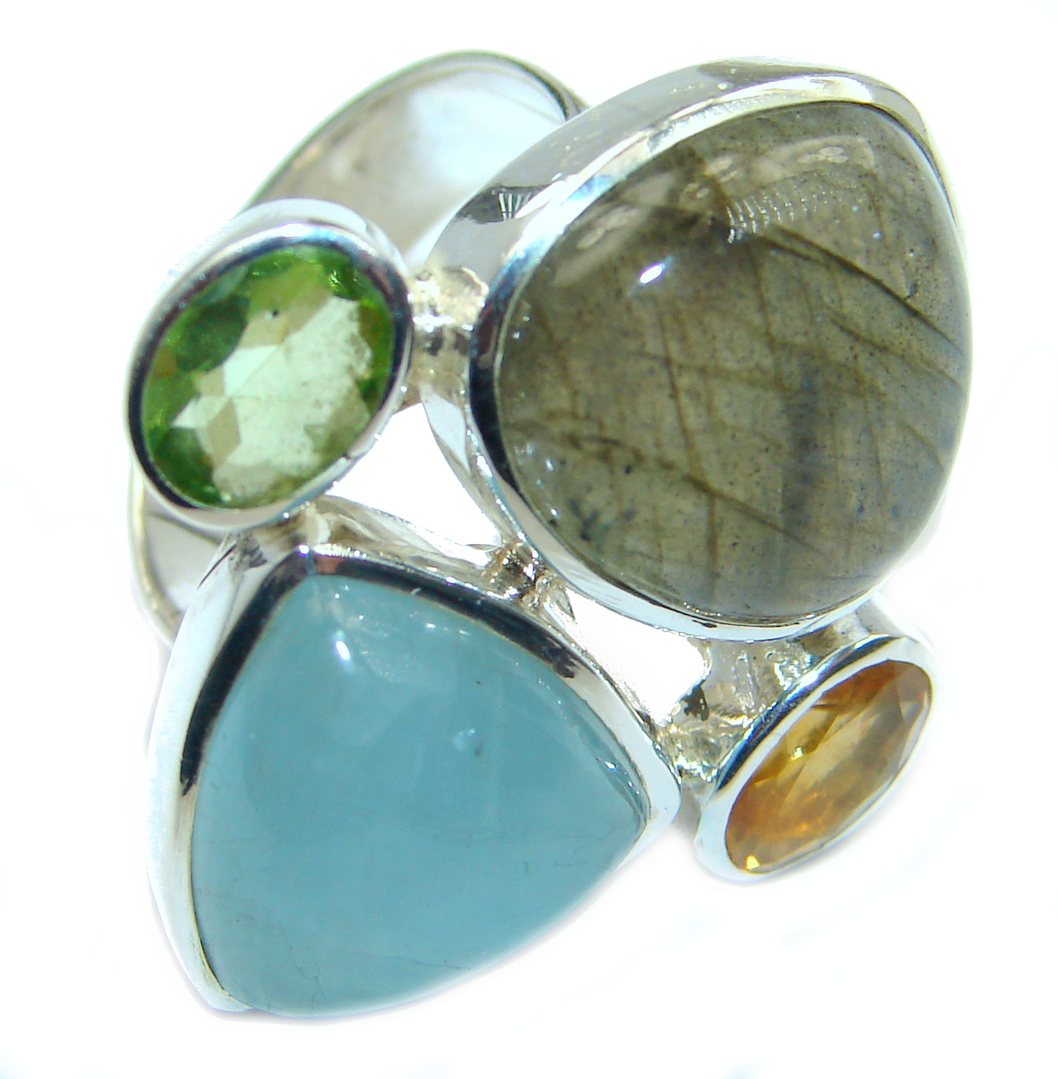 Passiom Fruit Natural Aquamarine .925 Sterling Silver Ring s. 7 adjustable