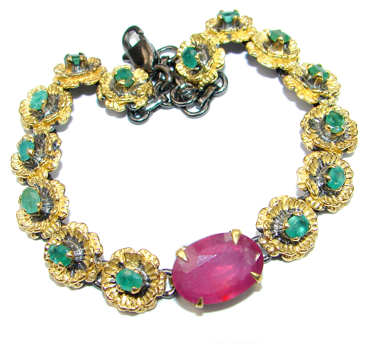 Authentic Red Ruby Emerald 14K Gold over .925 Sterling Silver handcrafted Bracelet