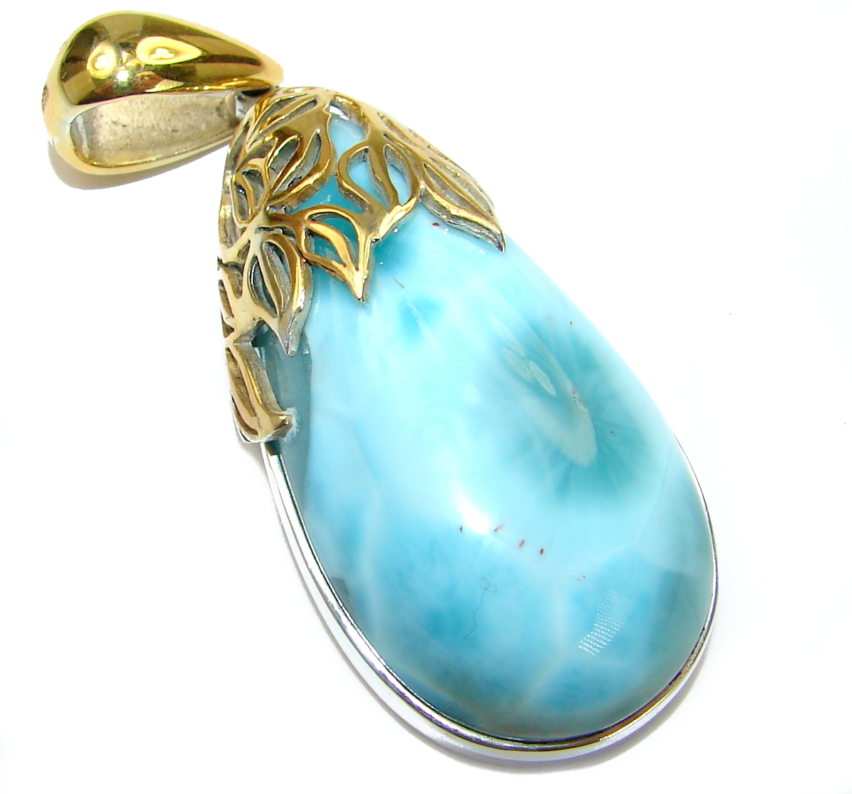 Vintage Design genuine Larimar 14K Gold over .925 Sterling Silver handmade pendant
